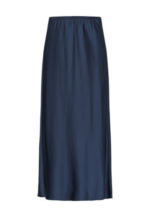 Tummansininen satiinishame, jossa on joustava vyötärö. A-linjainen malli, ulottuu keskikaluun. Sujuva pinta, ei näkyviä kuvioita tai tehosteita.