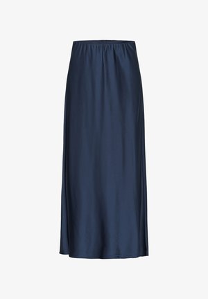 Fustă din satin bleumarin cu talie elastică. Formă A, se întinde până la jumătatea gambei. Textură netedă, fără modele sau accente vizibile.
