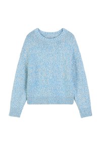 Jasnoniebieski sweter dziergany z okrągłym dekoltem, opadającymi ramionami i prążkowanym wykończeniem. Miękka tekstura z subtelnym melanżowym wzorem.