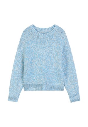 Light blue knitted sweater with a round neck, dropped shoulders, and ribbed hem. Soft texture with a subtle heathered pattern.