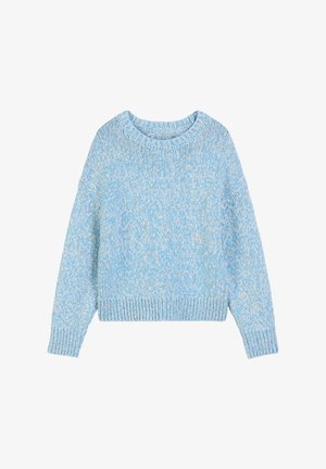 Light blue knitted sweater with a round neck, dropped shoulders, and ribbed hem. Soft texture with a subtle heathered pattern.