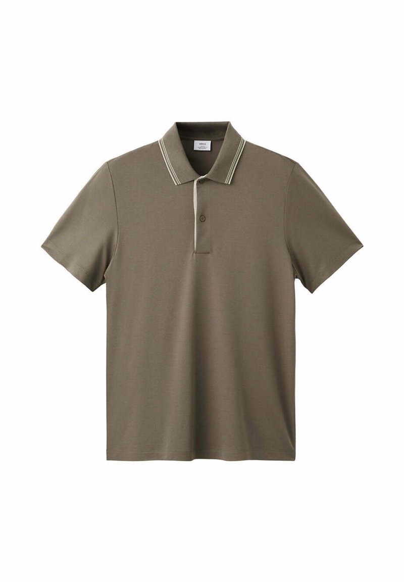 Short-sleeved khaki polo shirt with a single button placket and a collar featuring two thin white stripes along the edge.