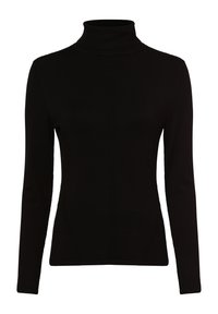 Pull à col roulé noir en tissu doux, avec manches longues, coupe ajustée et détails subtils de coutures verticales.