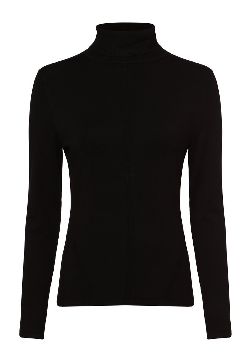 Pull à col roulé noir en tissu doux, avec manches longues, coupe ajustée et détails subtils de coutures verticales.