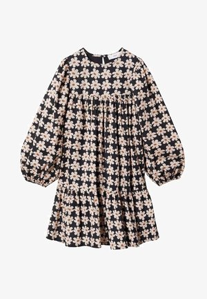 Schwarzes Kleid mit großem cremefarbenem und pfirsichfarbenem Blumenmuster, rundem Ausschnitt, langen Puffärmeln, gerafftem Oberteil und abgestuftem Saum.