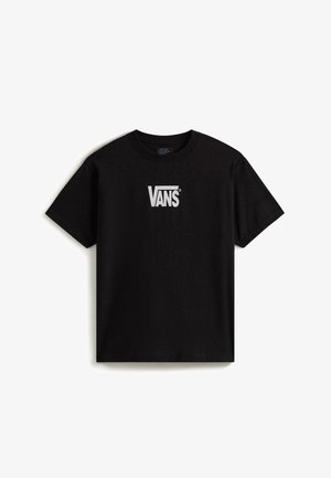 T-shirt nera in cotone con il logo Vans bianco centrato sul davanti, maniche corte, collo a giro e una texture liscia.