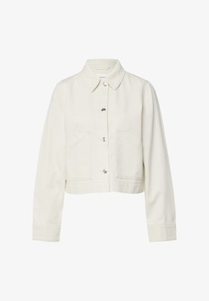 Kremowa krótka kurtka z długimi rękawami, z przodu zatrzaski, spiczasty kołnierz oraz dwie przednie naszywane kieszenie.