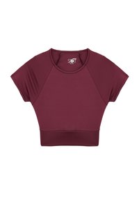 Top deportivo burdeos con mangas raglán cortas, cuello redondo y bajo ajustado. Tejido suave con un acabado mate.