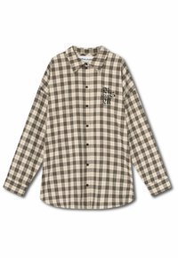 Checkered long-sleeve shirt in beige and brown tones, featuring a button-down front, relaxed fit, and embroidered logo on the left chest.
