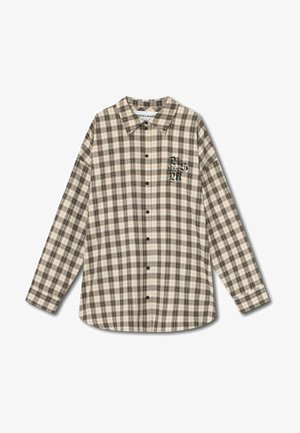 Beige és barna árnyalatú, kockás, hosszú ujjú ing, gombos elülső résszel, laza szabással és hímzett logóval a bal mellen.