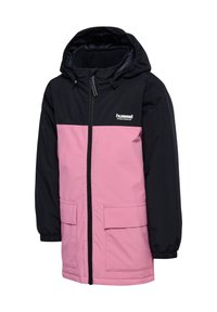 Veste coupe-vent Hummel, design en blocs de couleurs noir et rose, fermeture éclair, capuche, deux grandes poches avant, tissu lisse, poignets élastiques.