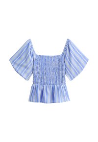 Blue and white striped blouse with a square neckline, smocked bodice, wide short sleeves, and a peplum hem. Lightweight fabric with a soft texture.