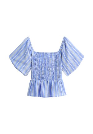 Blue and white striped blouse with a square neckline, smocked bodice, wide short sleeves, and a peplum hem. Lightweight fabric with a soft texture.