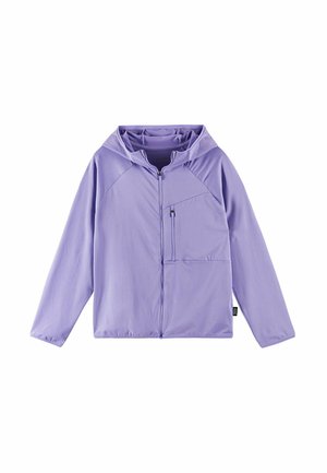Giacca con cappuccio viola chiaro con zip frontale completa e tasca sul petto con zip, mostrata distesa su sfondo bianco.