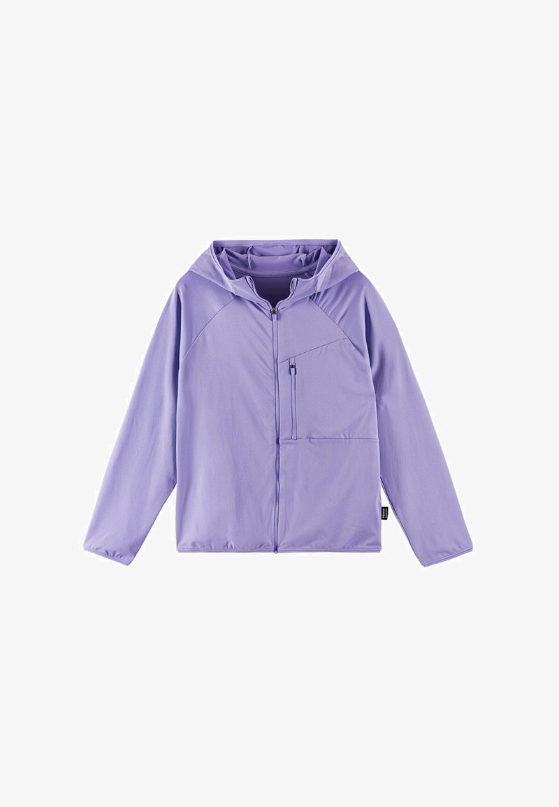 Veste à capuche violet clair avec fermeture éclair intégrale sur le devant et poche poitrine zippée, présentée à plat sur fond blanc.