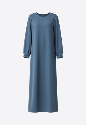Robe longue et ample bleu en tissu lisse, avec un col rond et des manches longues bouffantes munies de poignets froncés.