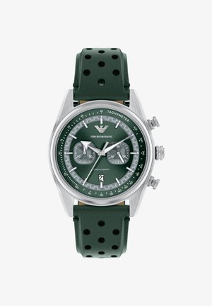 Orologio cronografo con quadrante verde, cassa in acciaio inox argentato e cinturino in gomma traforata verde scuro. Presenta indicatori delle ore dettagliati e tachimetro.