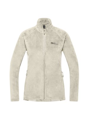 Beige fleece jacket with a high collar, full-length zipper, side pockets, and a logo on the chest. Soft texture and fitted design.