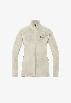 Beige Fleecejacke mit hohem Kragen, durchgehendem Reißverschluss, Seitentaschen und Logo auf der Brust. Weiche Textur und figurbetonter Schnitt.