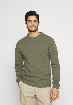 Mand med kort mørkt hår og skæg iført en olivengrøn sweater og beige bukser, stående med den ene hånd i lommen mod en ensartet baggrund.