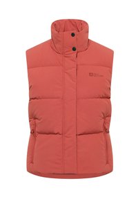 Heren puffer vest in koraal, met een hoge kraag, ritszakken en een gewatteerd ontwerp met horizontale naden voor isolatie.