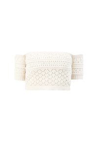 Kremfarvet strikket top med off-shoulder design, der har et tekstureret mønster med åbent arbejde og korte ærmer. Blødt, let stof.