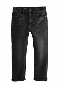 Jeans in denim nero con taglio dritto, cinque tasche, minima scoloritura e orli arrotolati. Presentano una chiusura con bottone e passanti per cintura.