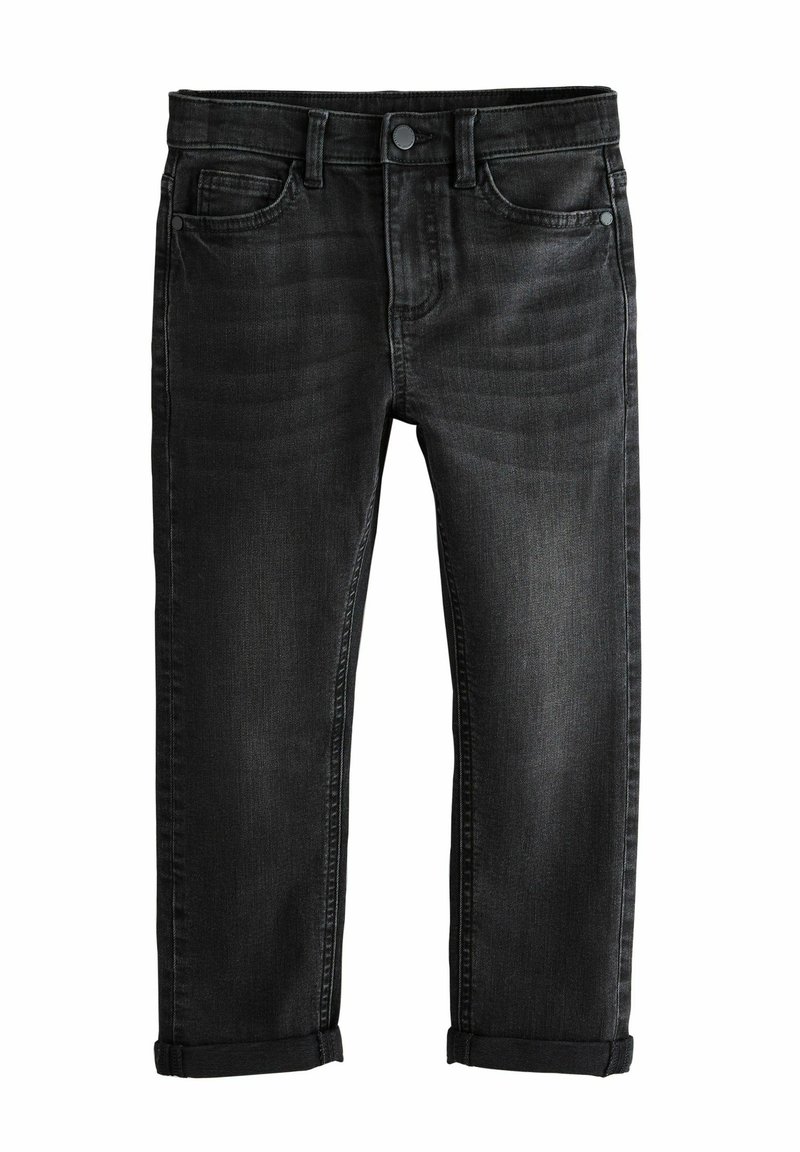 Jeans in denim nero con taglio dritto, cinque tasche, minima scoloritura e orli arrotolati. Presentano una chiusura con bottone e passanti per cintura.