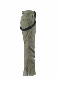 Pantaloni cargo verde oliva con tasche con cerniera e patta, cinturino in vita regolabile con cintura nera a motivo e cerniere alle caviglie.