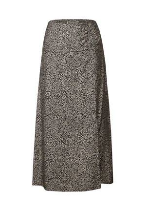 Falda midi de estampado de leopardo en tejido ligero, con cintura alta y un diseño fluido que presenta drapeado texturizado en el lateral.