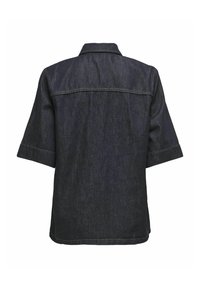 Chemise en denim bleu foncé à manches courtes avec col, vue de dos, présentant des détails de couture visibles au niveau des épaules et des manches.