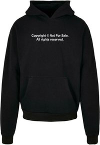 Black hoodie made of cotton blend fabric, featuring a front pocket and an adjustable drawstring hood. Text printed in white on the chest.
