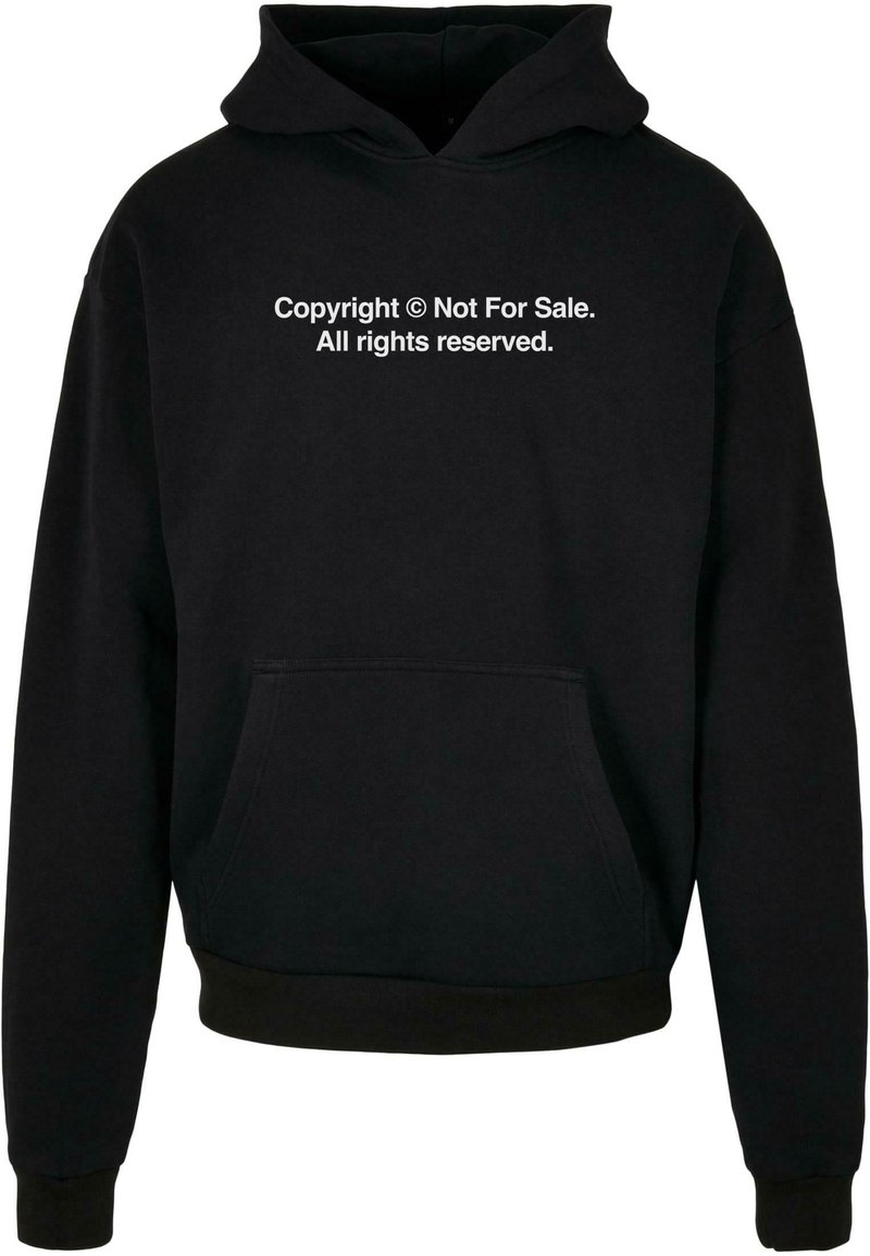 Black hoodie made of cotton blend fabric, featuring a front pocket and an adjustable drawstring hood. Text printed in white on the chest.