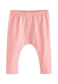 Pinkfarbenes Baumwolllegging mit elastischem Bund, das eine glatte Textur und eine verkürzte Länge mit abgerundeter Kniepartie aufweist. Keine Muster oder Akzente.