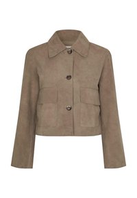 Rövidített bézs velúr dzseki, amely hegyes gallérral, három gombos záródással és két elülső hajtókás zsebbel rendelkezik. Simább textúra és tiszta vonalak.