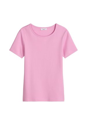 T-shirt rose clair à manches courtes avec encolure ronde, design uni et texture lisse, présenté sur un fond blanc.