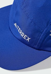 Blue Terrex cap made of textured fabric. Features a curved brim and white logo detail. Stitching is visible along the seams.