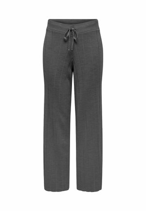 Pantaloni grigi a gamba larga con un design a coste testurizzato e una vita elastica con coulisse. Lunghezza standard con cuciture laterali.
