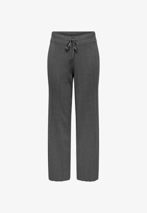 Pantaloni grigi a gamba larga con un design a coste testurizzato e una vita elastica con coulisse. Lunghezza standard con cuciture laterali.