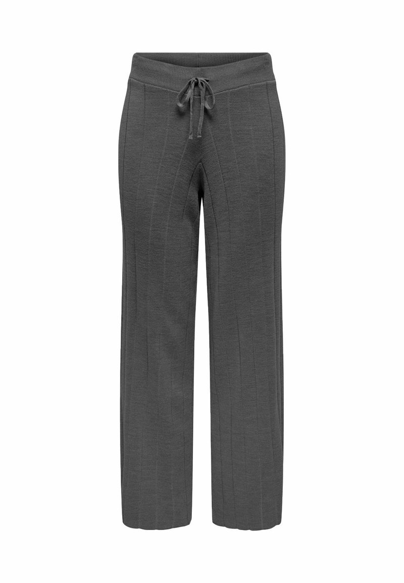 Pantalones grises de pierna ancha con un diseño de canalé texturizado y una cintura elástica con cordón ajustable. Largo estándar con costuras laterales.