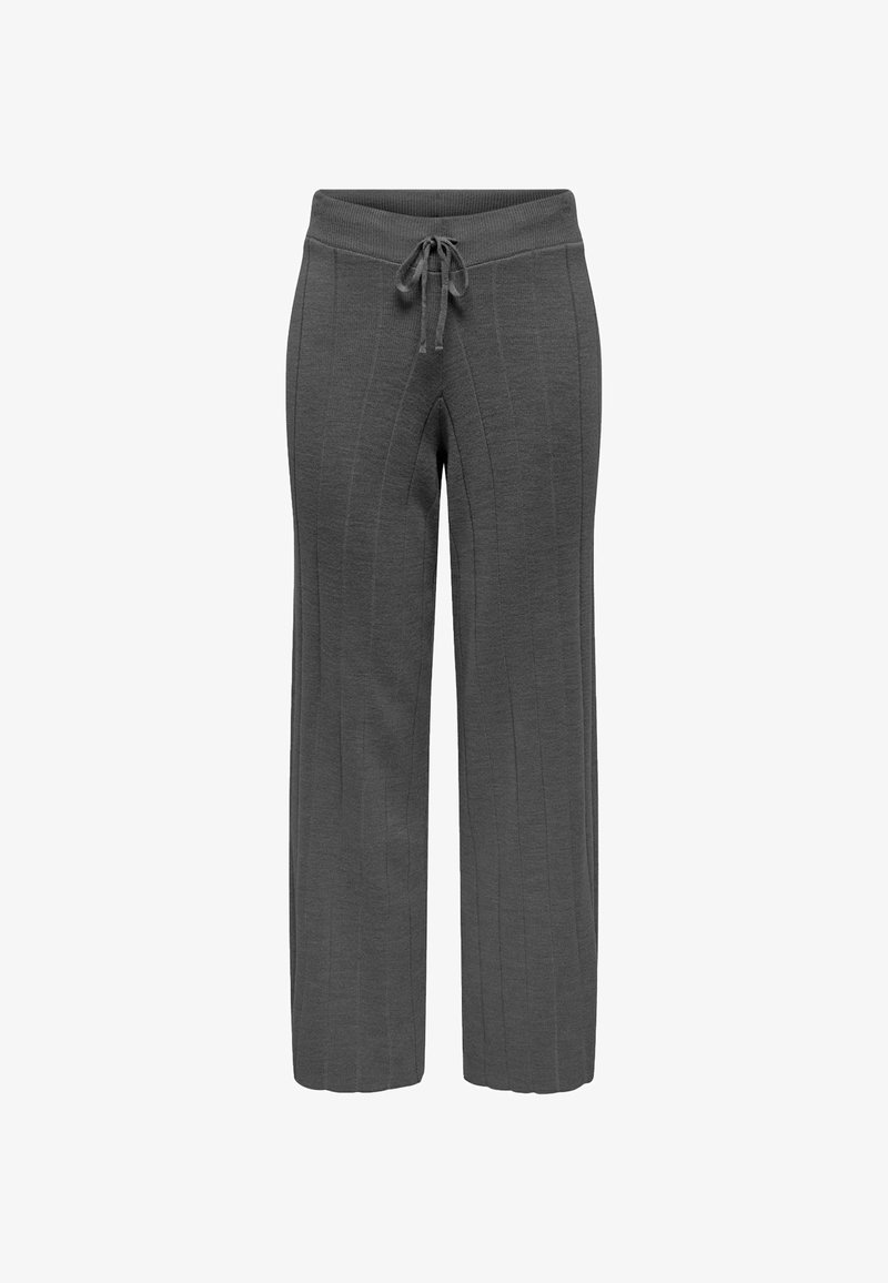 Pantalones grises de pierna ancha con un diseño de canalé texturizado y una cintura elástica con cordón ajustable. Largo estándar con costuras laterales.