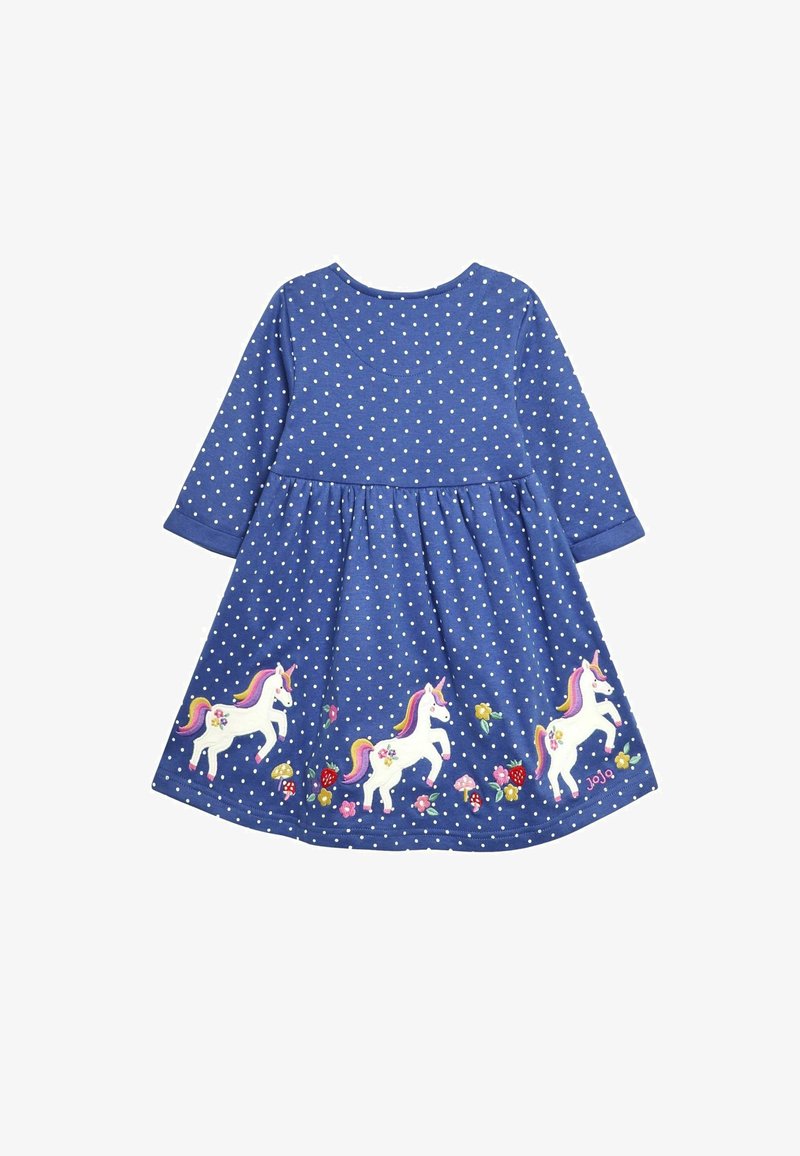 Blaues Kleid mit Polka-Dots und langen Ärmeln, verziert mit gestickten weißen Einhörnern und bunten Blumen am Saum. Aus weichem Baumwollmaterial.