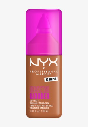 Fond de teint NYX Professional Makeup avec une finition douce mate. Flacon marron avec un capuchon rose, étiqueté "31 Érable", taille 30 mL.