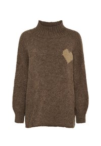 Brun strikket sweater med høj hals, lange ærmer og et lille beige hjerte mønster på forsiden. Tekstureret, løstsiddende design.