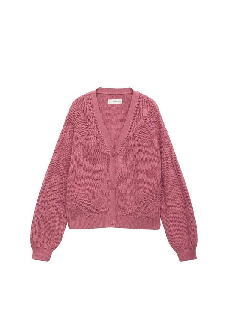 Roza pletena jopica z V-izrezom, dolgimi rokavi in gumbnim zapiranjem. Tkanina ima strukturo prek celo površino.