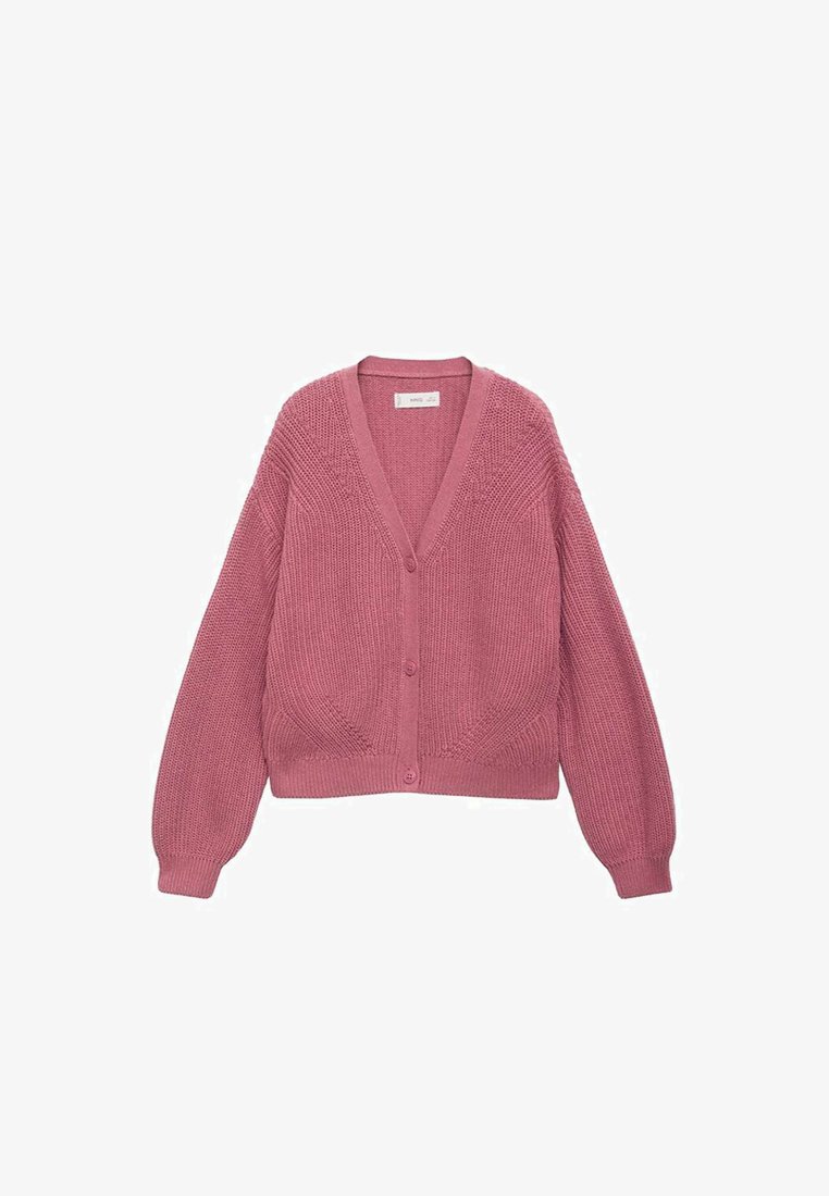 Roza pletena jopica z V-izrezom, dolgimi rokavi in gumbnim zapiranjem. Tkanina ima strukturo prek celo površino.