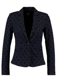 Marinblå kavaj med svarta prickar, strukturerad design, enfalldig, två framfickor och knäppta revers, med svarta knappar.