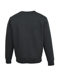 Sudadera negra, mezcla de algodón, cuello redondo, mangas largas, puños y dobladillo de canalé, textura suave, diseño liso sin adornos.