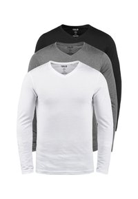 Garās piedurkņu T-krekli baltā, pelēkā un melnā krāsā. Katrs no tiem ir ar V veida kakla izgriezumu un izgatavots no mīksta, gluda auduma.