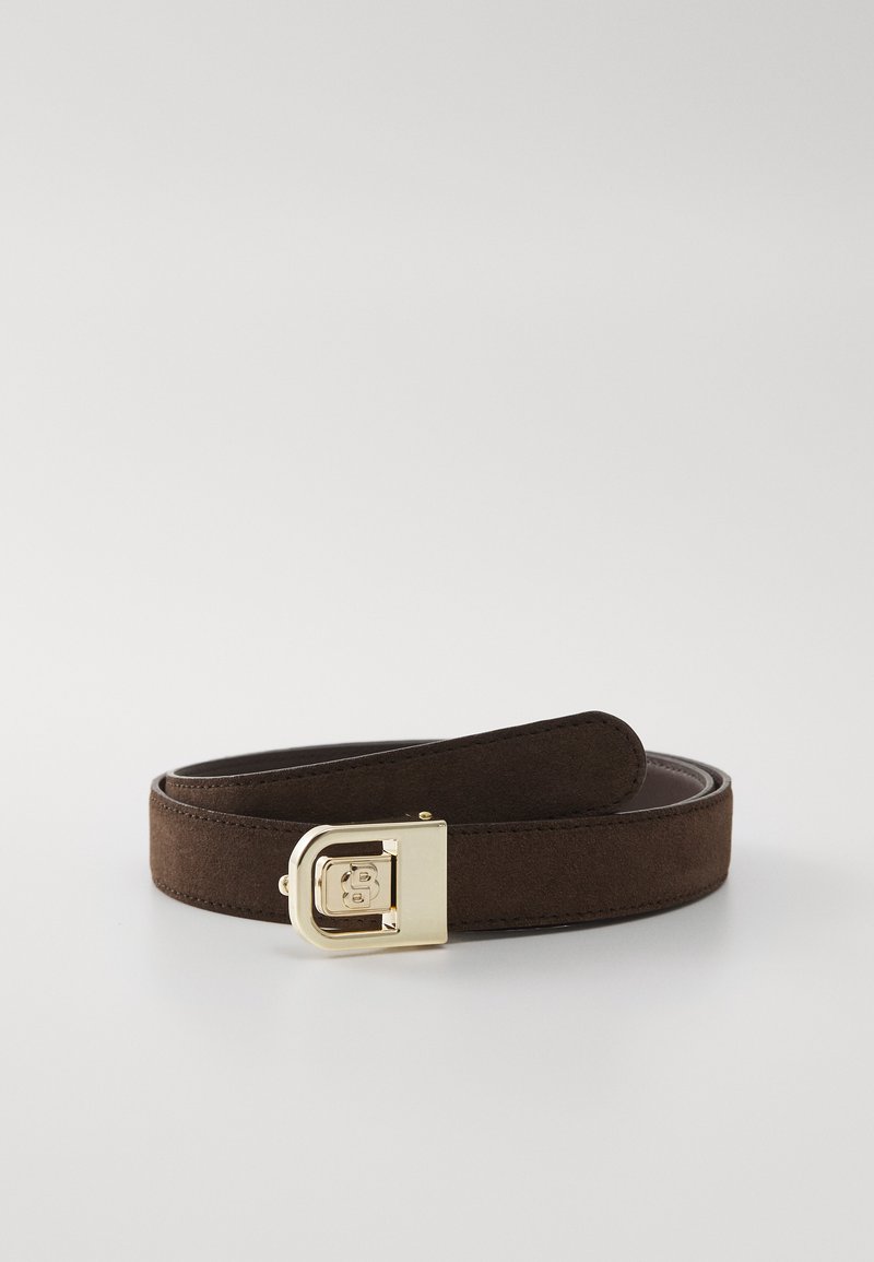 Brown suede belt rolled with rectangular gold metal buckle featuring an embossed design on a plain white background.
